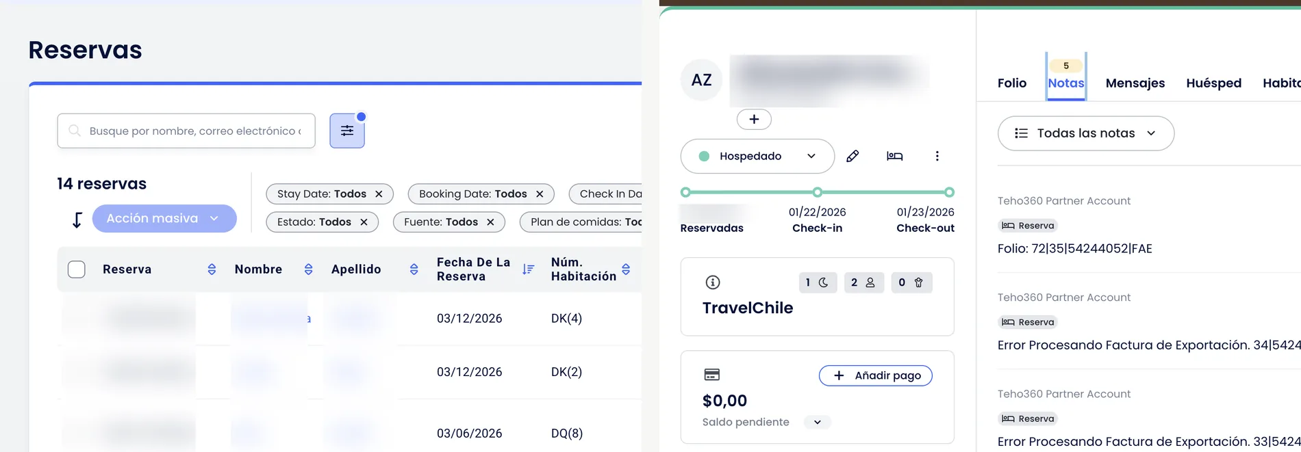 Panel de Cloudbeds mostrando la lista de reservas y, junto a ella, el historial de notas de una reserva con el folio emitido y los mensajes de error de facturación de exportación que TehoPay detecta. Los nombres de huéspedes, el número de reserva y la agencia se difuminaron por privacidad.